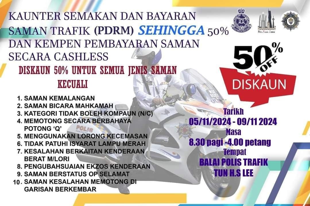تم دفع 1.86 مليون رينجيت ماليزي في السامان في أول يومين من حملة خصم 50% من PDRM، ولا يزال مبلغ 6.5 مليار رينجيت ماليزي مستحقًا تم دفع 1.86 مليون رينجيت ماليزي في السامان في أول يومين من حملة خصم 50% من PDRM، ولا يزال مبلغ 6.5 مليار رينجيت ماليزي مستحقًا